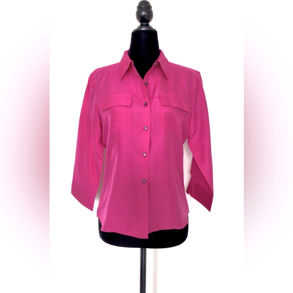 ANNE CARSON Hot Pink Fuschia Shantung Silk Sort Sleeve Shirt - S